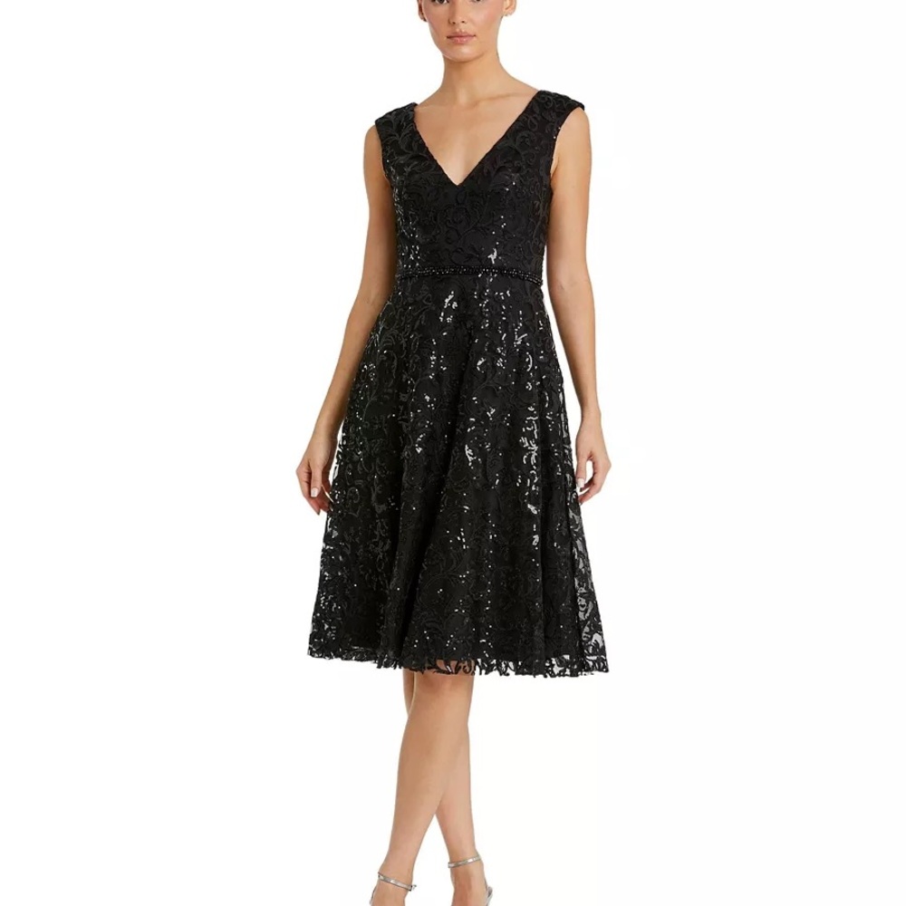 Mac Duggal V Neck Cap Sleeve Black Sequin Midi Dress
